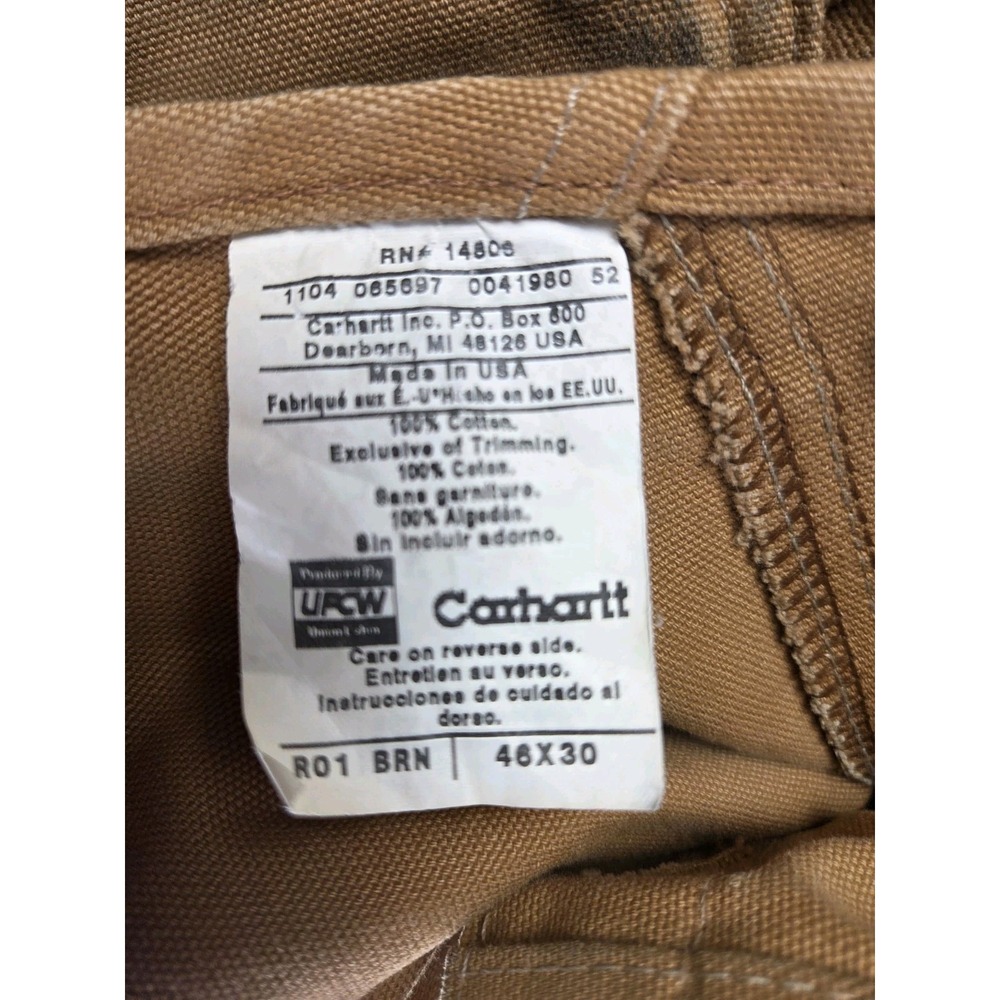 Carhartt R01 BRN Brown Duck Bib Overalls Double Knee Unlined 46x30 Faded Stains - Picture 3 of 6